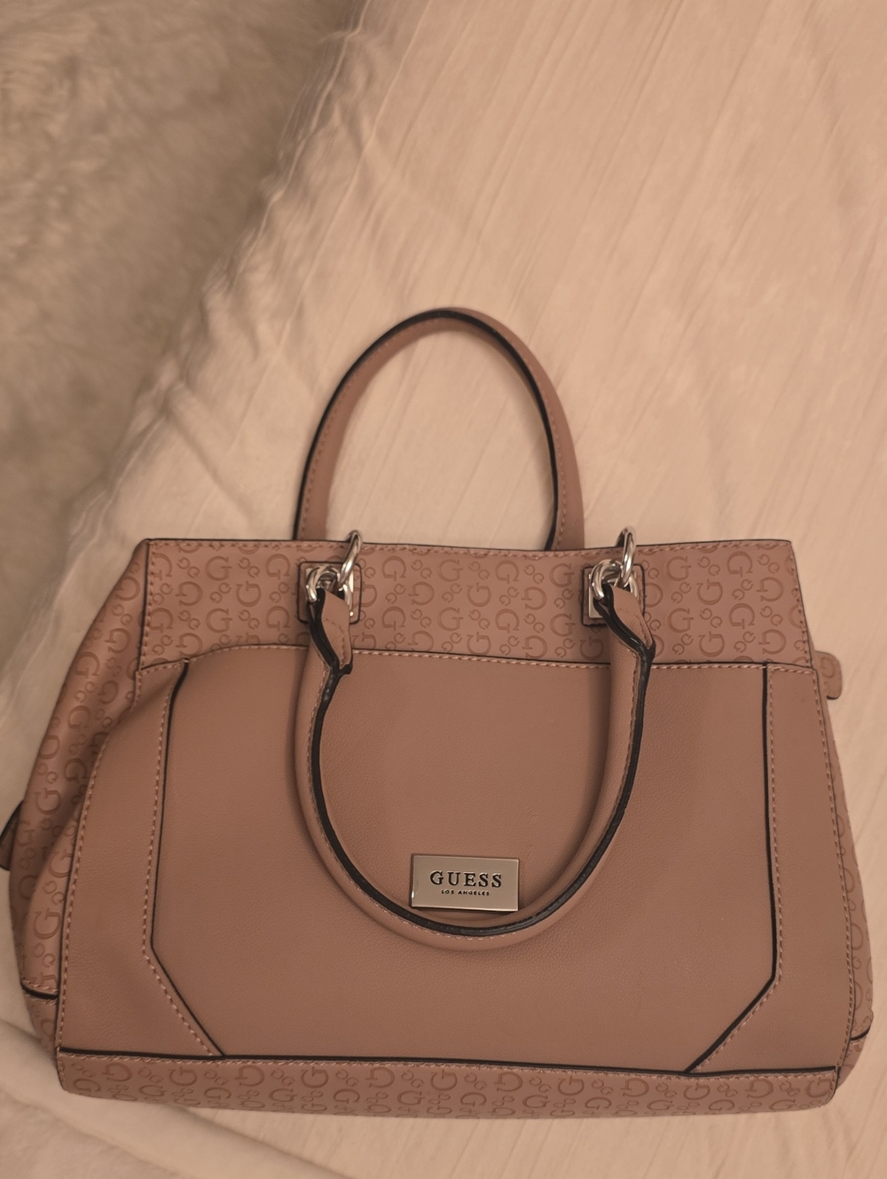 GUESS Two-Tone Blush Satchel with Logo Plaque